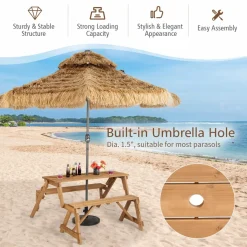 Tangkula 2-in-1 Convertible Wooden Picnic Table, Transforming Interchangeable Outdoor Bench Table with Umbrella Hole