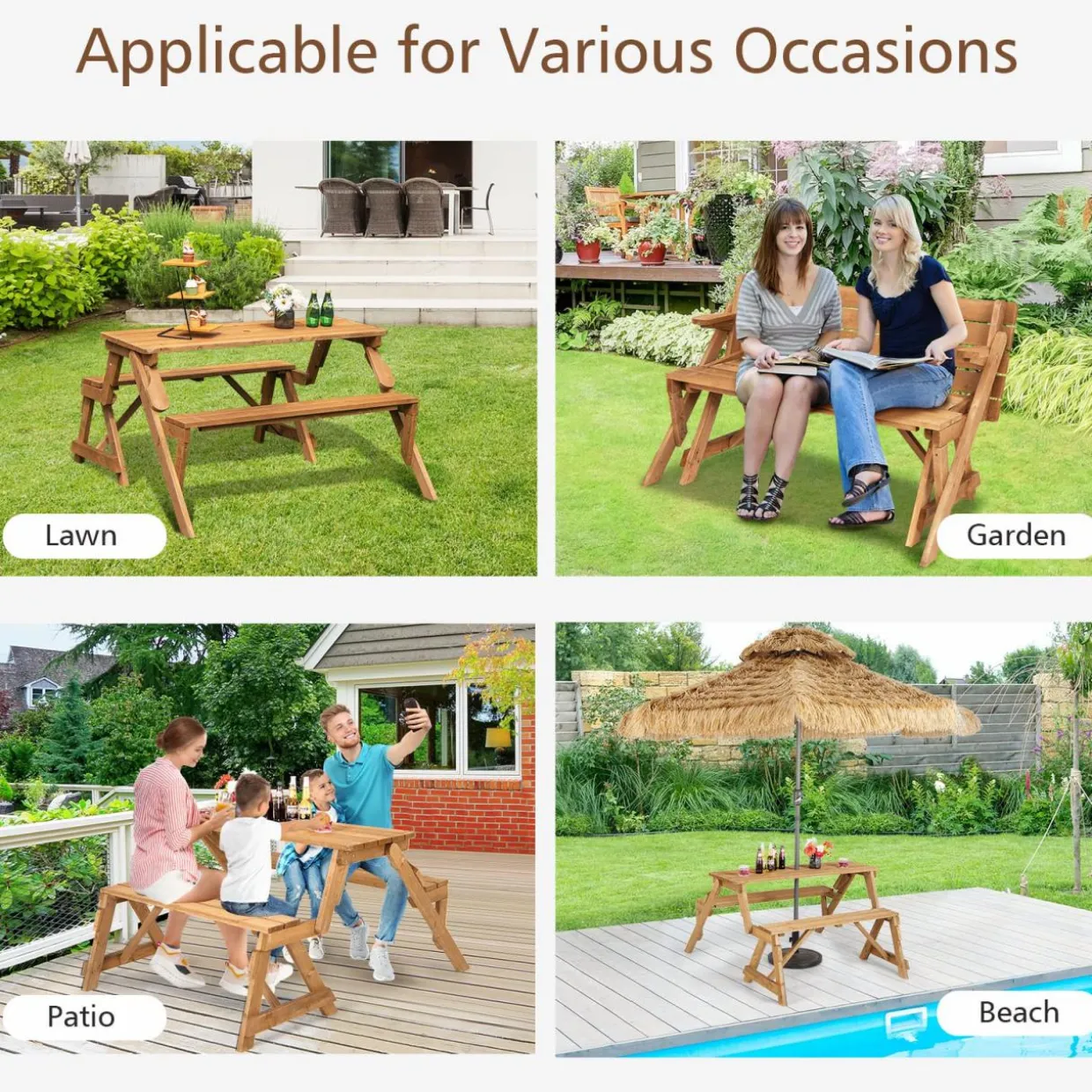 Tangkula 2-in-1 Convertible Wooden Picnic Table, Transforming Interchangeable Outdoor Bench Table with Umbrella Hole