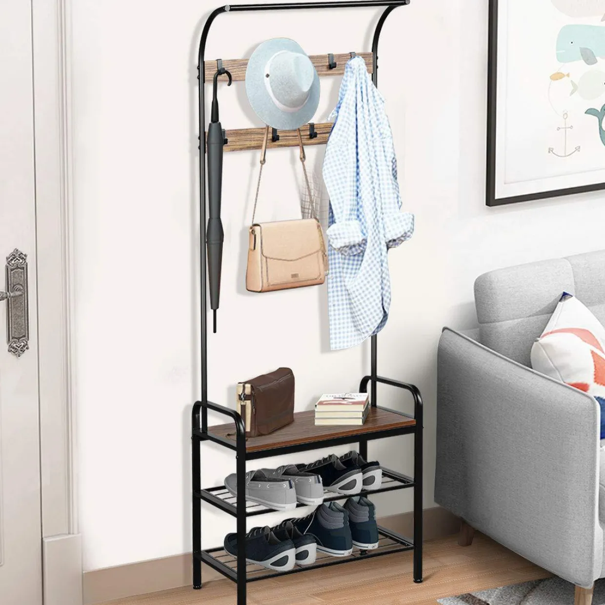Tangkula 3-in-1 Industrial Hall Tree, 72.5 Inches Shoe Coat Rack Bench w/ Storage Shelf, 9 Hanging Hooks (Brown)