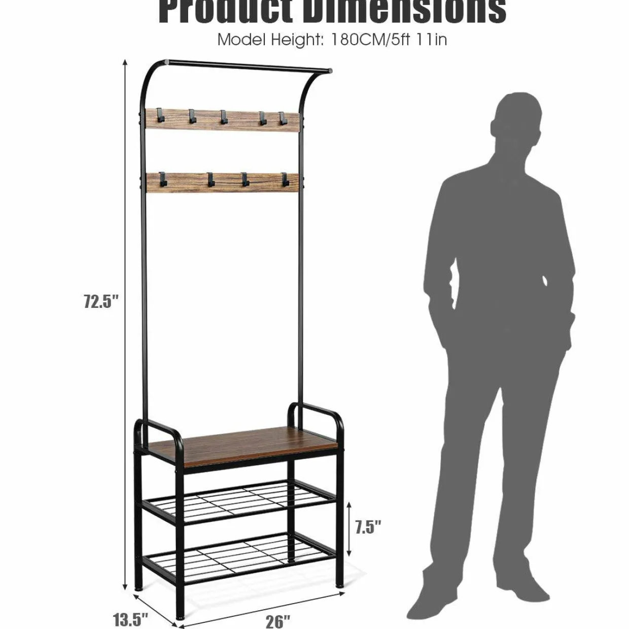 Tangkula 3-in-1 Industrial Hall Tree, 72.5 Inches Shoe Coat Rack Bench w/ Storage Shelf, 9 Hanging Hooks (Brown)