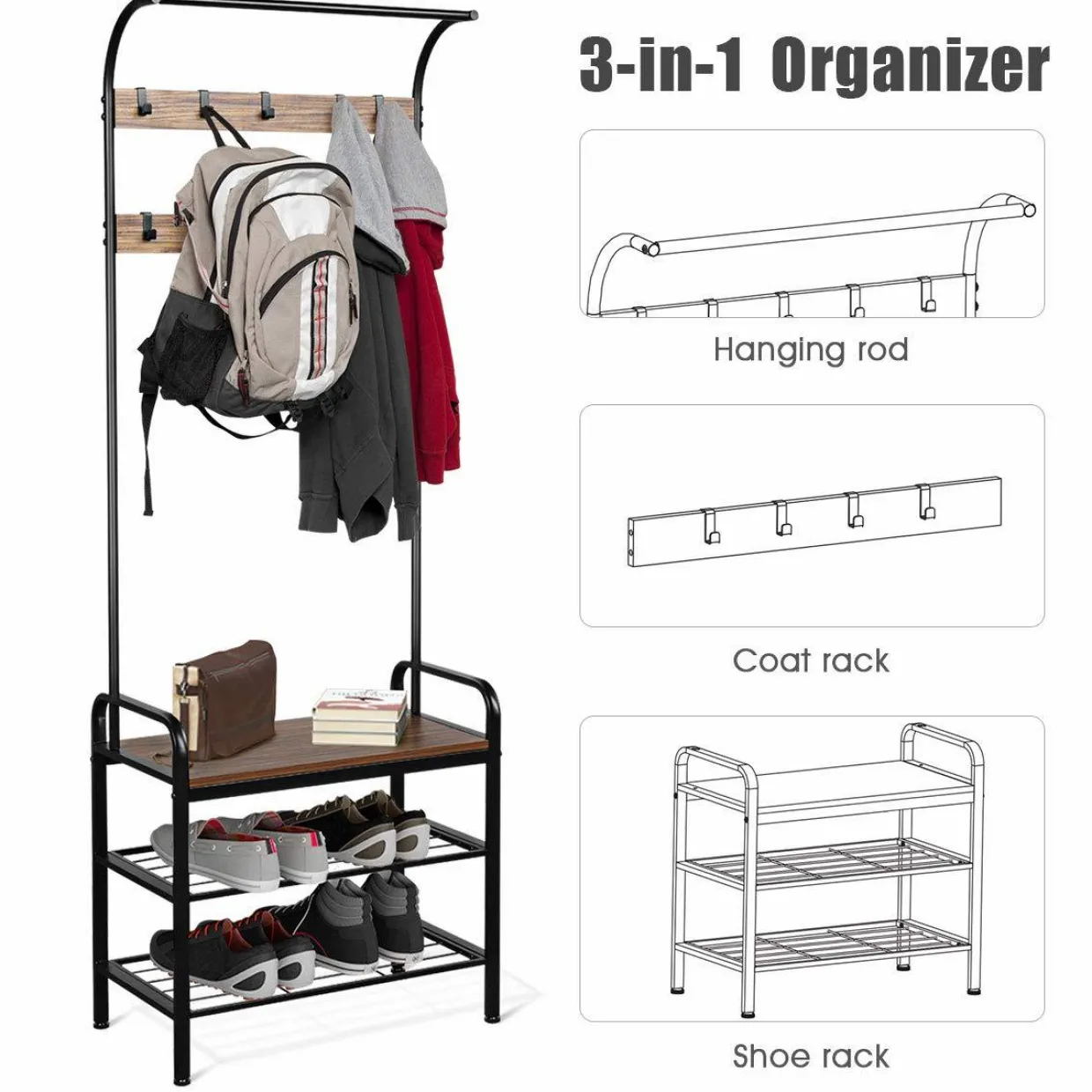Tangkula 3-in-1 Industrial Hall Tree, 72.5 Inches Shoe Coat Rack Bench w/ Storage Shelf, 9 Hanging Hooks (Brown)