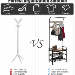 Tangkula 3-in-1 Industrial Hall Tree, 72.5 Inches Shoe Coat Rack Bench w/ Storage Shelf, 9 Hanging Hooks (Brown)