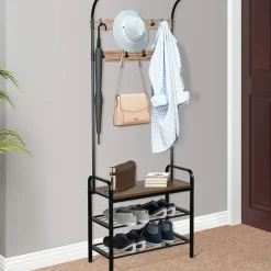 Tangkula 3-in-1 Industrial Hall Tree, 72.5 Inches Shoe Coat Rack Bench w/ Storage Shelf, 9 Hanging Hooks (Brown)