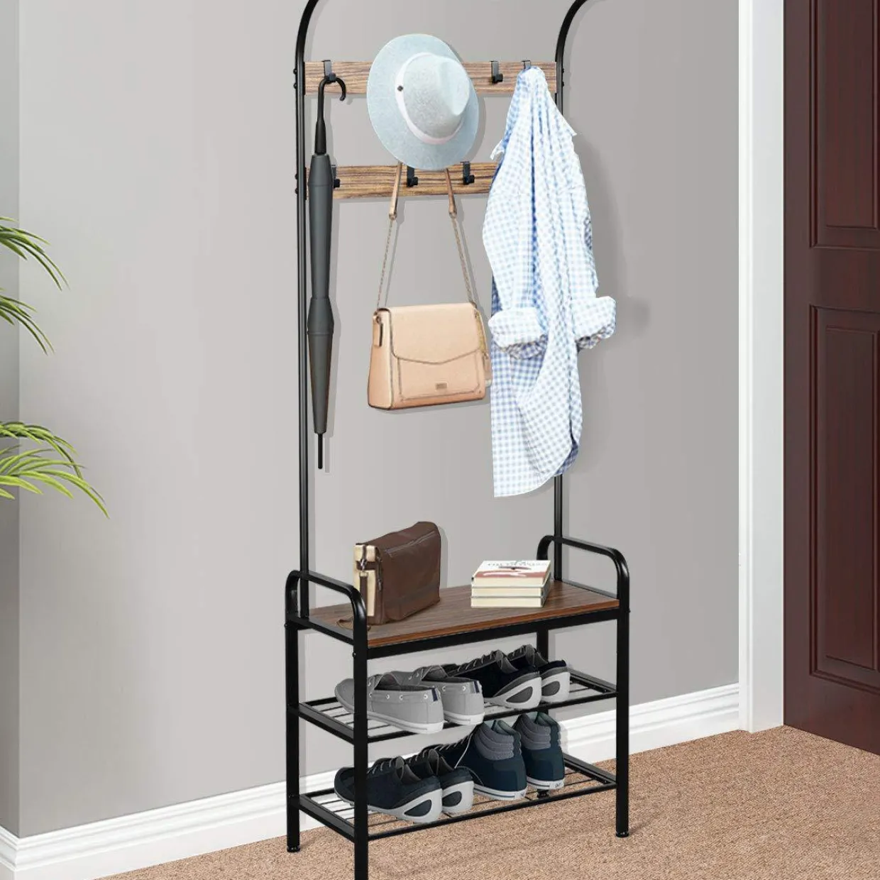 Tangkula 3-in-1 Industrial Hall Tree, 72.5 Inches Shoe Coat Rack Bench w/ Storage Shelf, 9 Hanging Hooks (Brown)