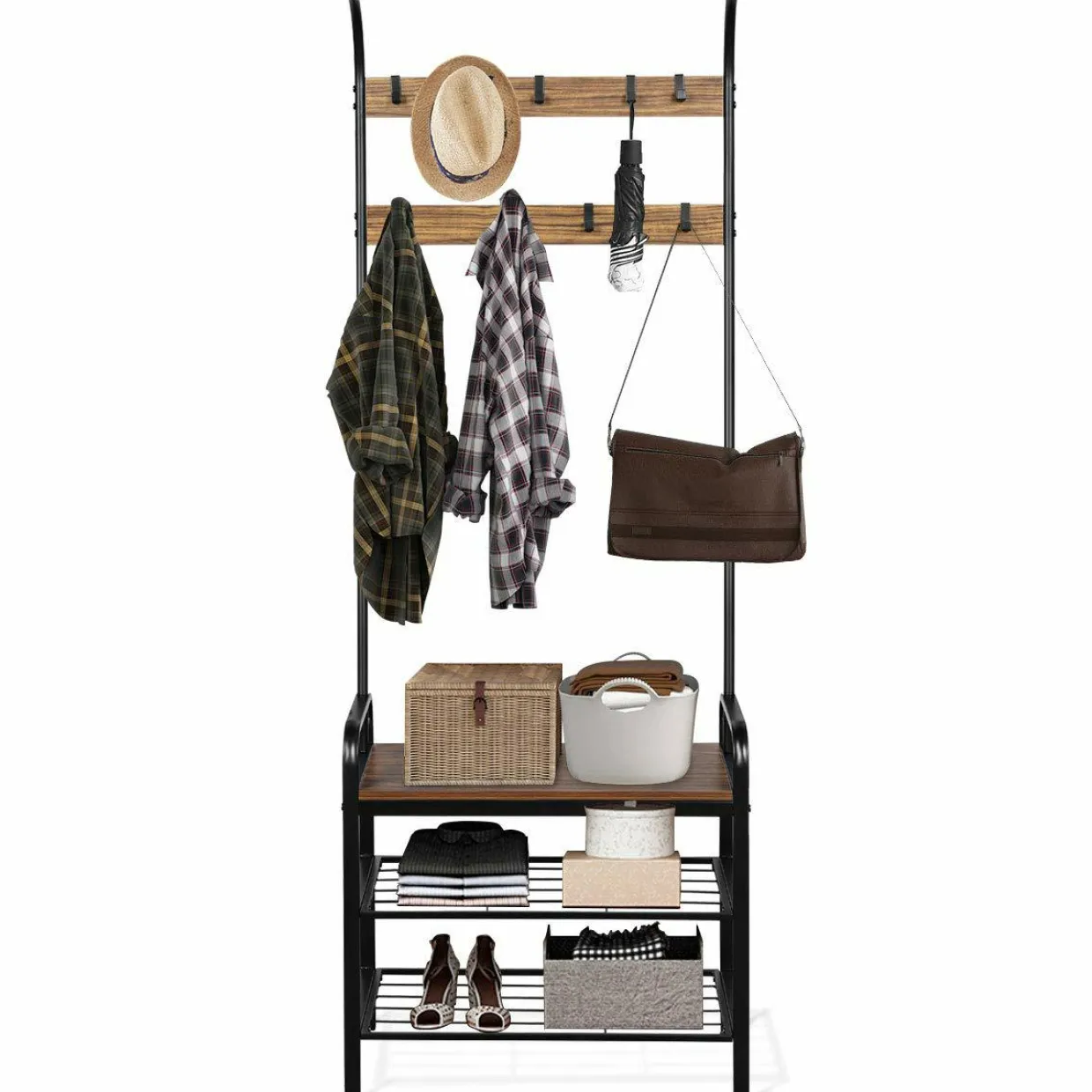 Tangkula 3-in-1 Industrial Hall Tree, 72.5 Inches Shoe Coat Rack Bench w/ Storage Shelf, 9 Hanging Hooks (Brown)