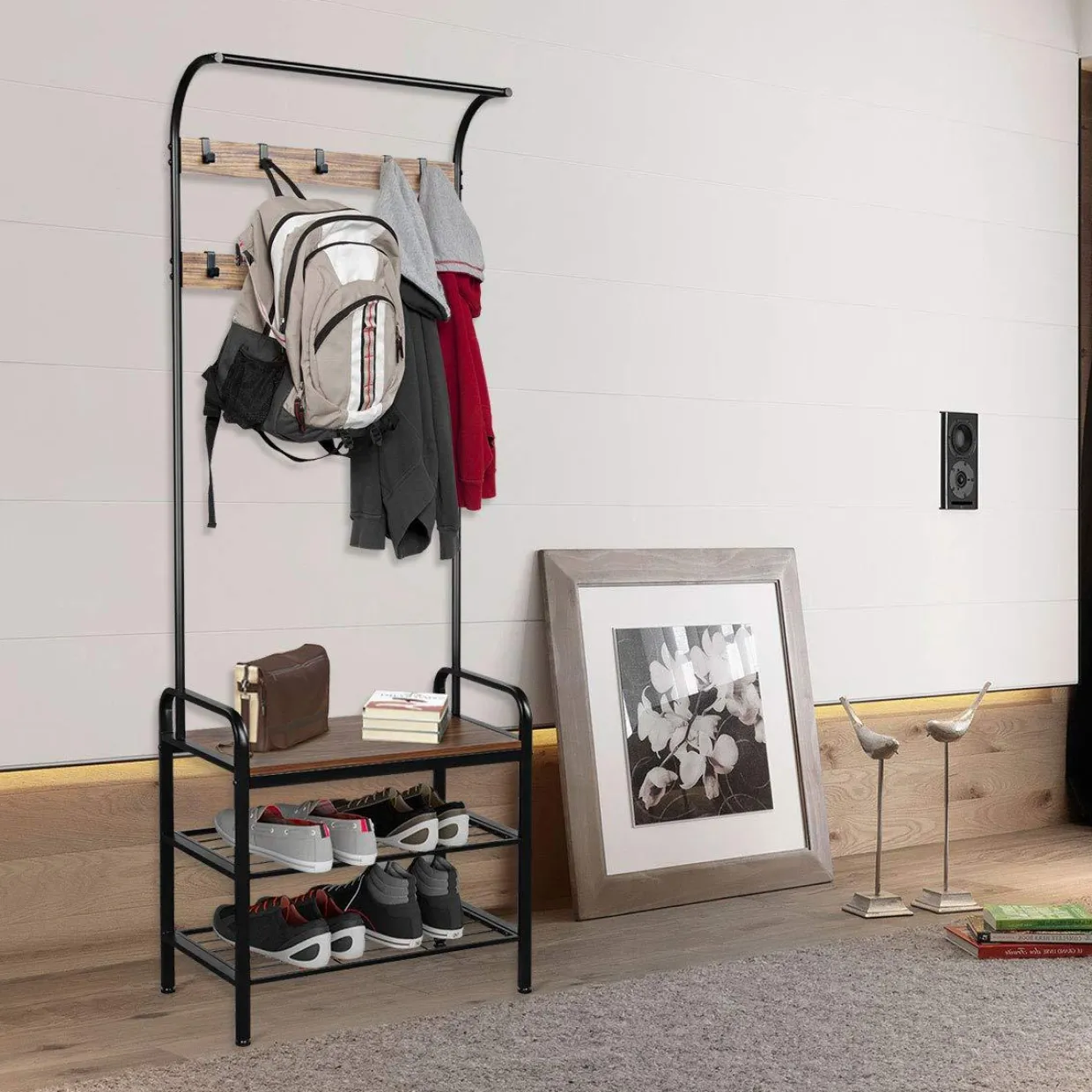Tangkula 3-in-1 Industrial Hall Tree, 72.5 Inches Shoe Coat Rack Bench w/ Storage Shelf, 9 Hanging Hooks (Brown)