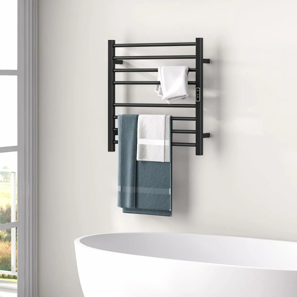 Tangkula 2-in-1 Towel Warmer Rack, 8 Bars Freestanding & Wall Mounted Towel Warmer Rack with LED Display, Built-in Timer