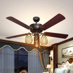 Tangkula 52-Inch Ceiling Fan with Lights, Industrial Ceiling Fan w/ 5 Iron Blades & 3 Cage Lights