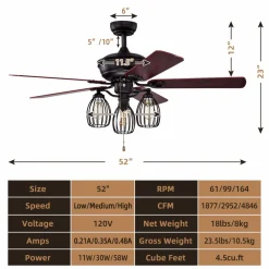 Tangkula 52-Inch Ceiling Fan with Lights, Industrial Ceiling Fan w/ 5 Iron Blades & 3 Cage Lights