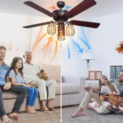 Tangkula 52-Inch Ceiling Fan with Lights, Industrial Ceiling Fan w/ 5 Iron Blades & 3 Cage Lights