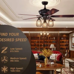 Tangkula 52-Inch Ceiling Fan with Lights, Industrial Ceiling Fan w/ 5 Iron Blades & 3 Cage Lights