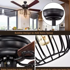 Tangkula 52-Inch Ceiling Fan with Lights, Industrial Ceiling Fan w/ 5 Iron Blades & 3 Cage Lights