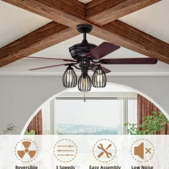 Tangkula 52-Inch Ceiling Fan with Lights, Industrial Ceiling Fan w/ 5 Iron Blades & 3 Cage Lights