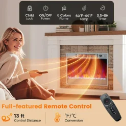 Tangkula 23-Inch Infrared Quartz Electric Fireplace Insert with Remote Control, 1500W Recessed Fireplace Heater with Thermostat