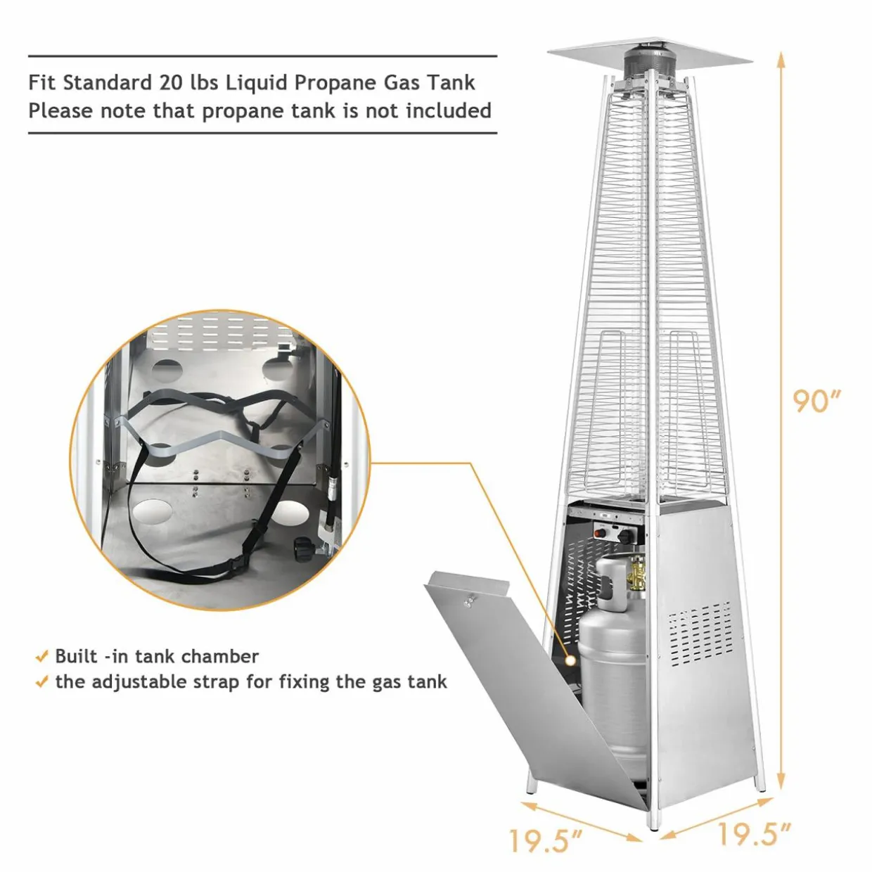 Tangkula 90-inch Outdoor Patio Heater, 42000 BTU Portable Pyramid Propane Heater with Wheels, Quartz Glass Tube