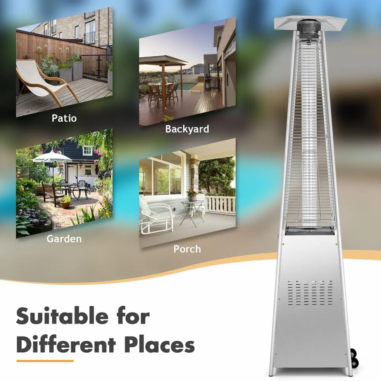 Tangkula 90-inch Outdoor Patio Heater, 42000 BTU Portable Pyramid Propane Heater with Wheels, Quartz Glass Tube