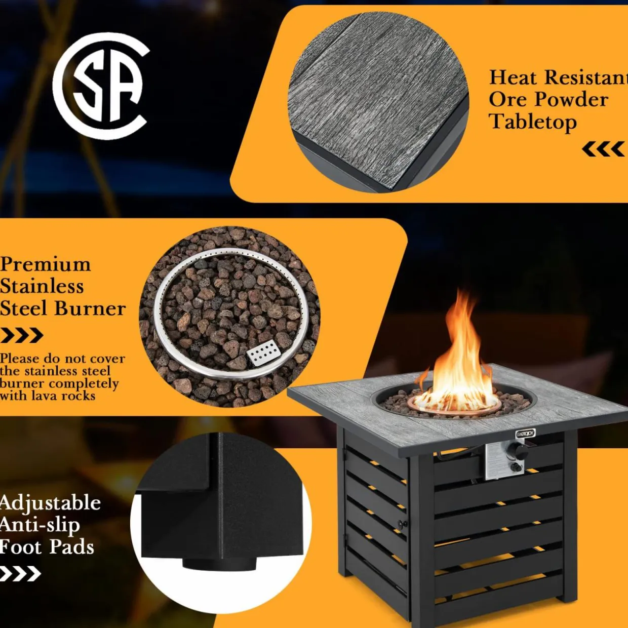 Tangkula 32-Inch Outdoor Propane Fire Pit Table, Patiojoy 50,000 BTU Square Gas Fire Pit with Ore Powder Tabletop