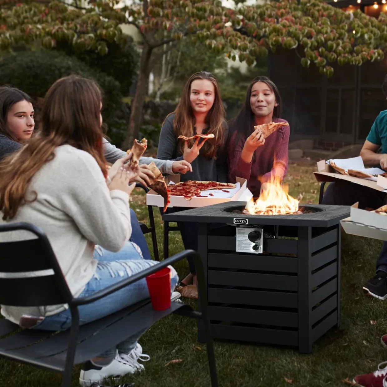 Tangkula 32-Inch Outdoor Propane Fire Pit Table, Patiojoy 50,000 BTU Square Gas Fire Pit with Ore Powder Tabletop