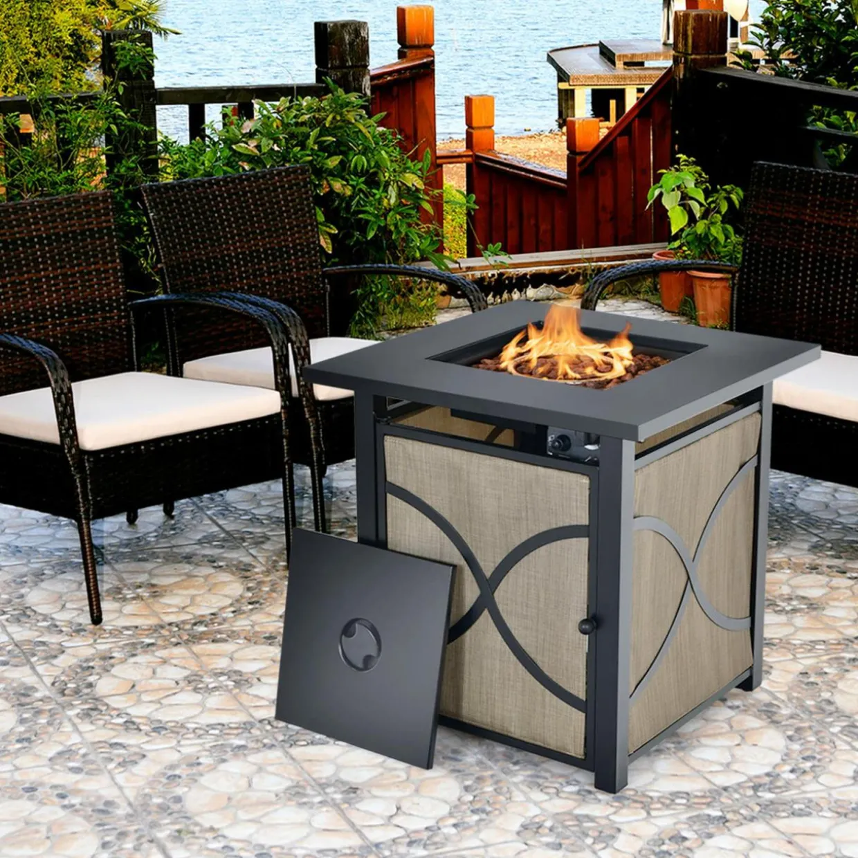Tangkula 25-Inch Propane Fire Pit Table, 40,000 BTU Auto Ignition Gas Fire Table with Removable Lid