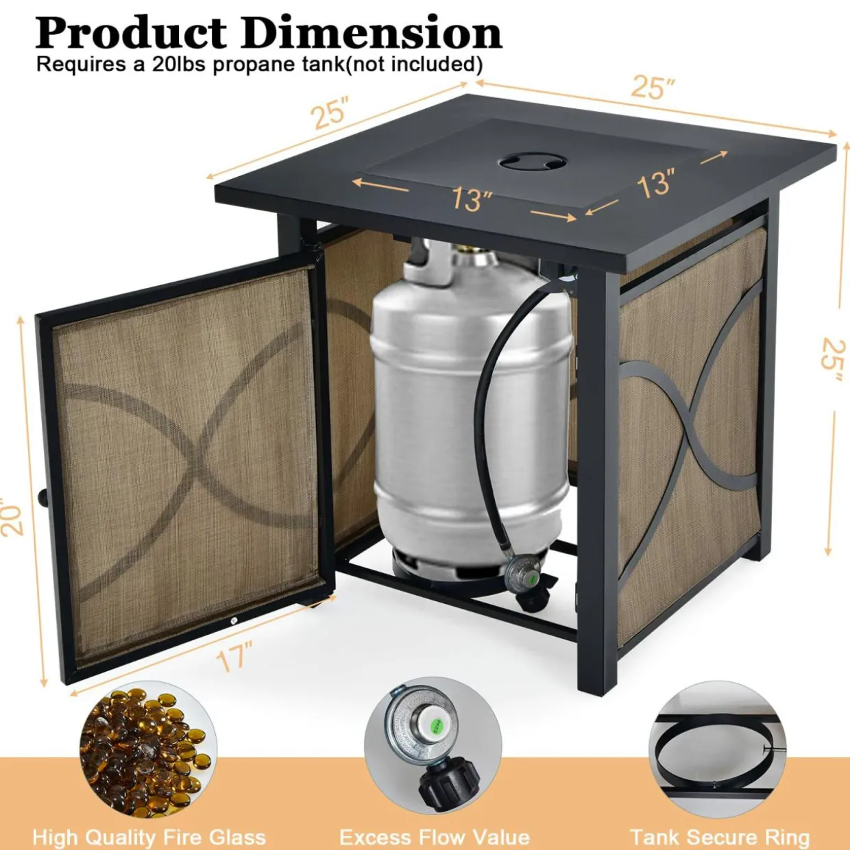 Tangkula 25-Inch Propane Fire Pit Table, 40,000 BTU Auto Ignition Gas Fire Table with Removable Lid