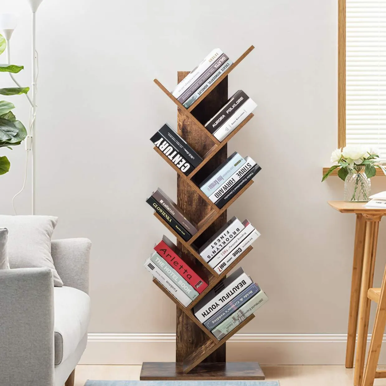 Tangkula 55-Inch Tree Bookshelf, 9-Shelf Free Standing Tree Bookcase(Rustic Brown)