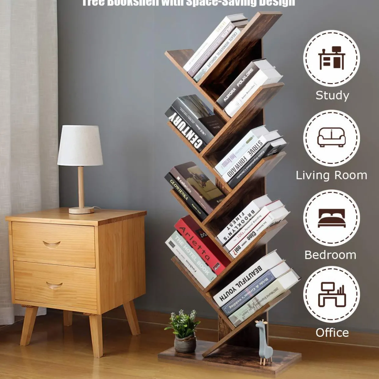 Tangkula 55-Inch Tree Bookshelf, 9-Shelf Free Standing Tree Bookcase(Rustic Brown)