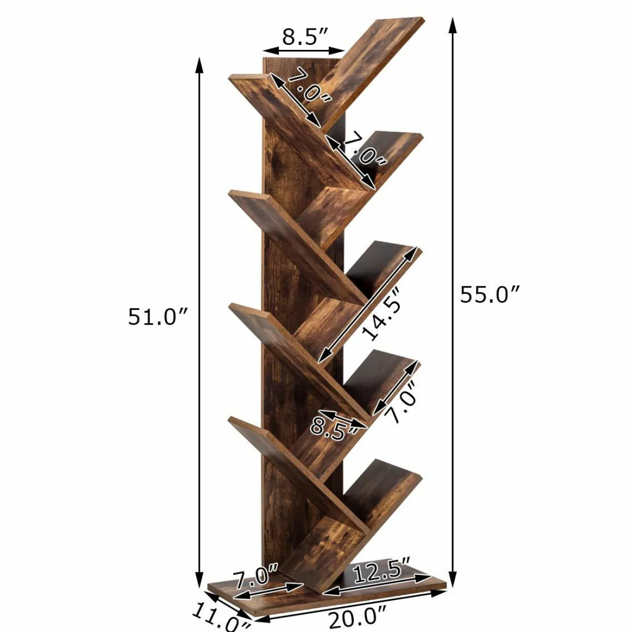 Tangkula 55-Inch Tree Bookshelf, 9-Shelf Free Standing Tree Bookcase(Rustic Brown)