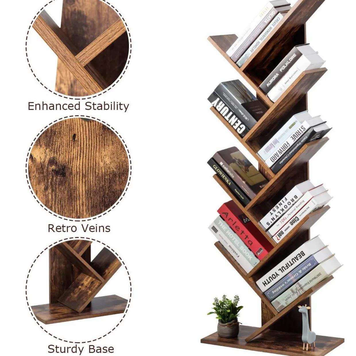 Tangkula 55-Inch Tree Bookshelf, 9-Shelf Free Standing Tree Bookcase(Rustic Brown)
