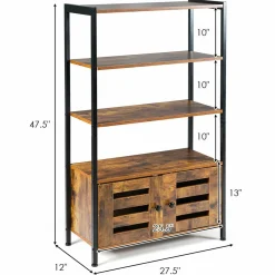 Tangkula Industrial Bookshelf and Bookcase, with 3 Shelves and 2 Louvered Doors,Rustic Brown