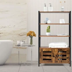 Tangkula Industrial Bookshelf and Bookcase, with 3 Shelves and 2 Louvered Doors,Rustic Brown