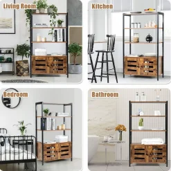 Tangkula Industrial Bookshelf and Bookcase, with 3 Shelves and 2 Louvered Doors,Rustic Brown