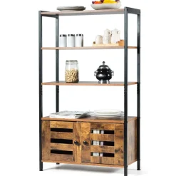 Tangkula Industrial Bookshelf and Bookcase, with 3 Shelves and 2 Louvered Doors,Rustic Brown