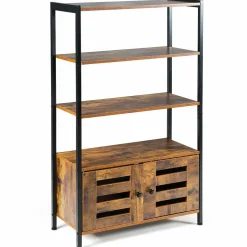 Tangkula Industrial Bookshelf and Bookcase, with 3 Shelves and 2 Louvered Doors,Rustic Brown