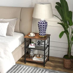 Tangkula Industrial End Table, 3-Tier Side Table with Height Adjustable Metal Mesh Shelf