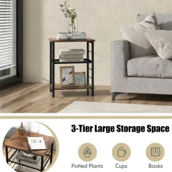 Tangkula Industrial End Table, 3-Tier Side Table with Height Adjustable Metal Mesh Shelf