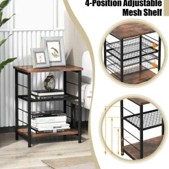 Tangkula Industrial End Table, 3-Tier Side Table with Height Adjustable Metal Mesh Shelf