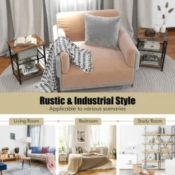 Tangkula Industrial End Table, 3-Tier Side Table with Height Adjustable Metal Mesh Shelf