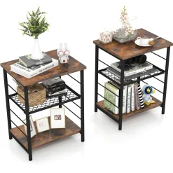 Tangkula Industrial End Table, 3-Tier Side Table with Height Adjustable Metal Mesh Shelf