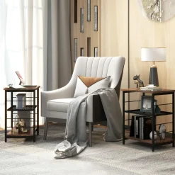 Tangkula Industrial End Table, 3-Tier Side Table with Height Adjustable Metal Mesh Shelf