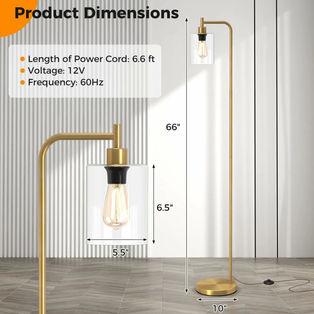 Tangkula Industrial Floor Lamp, Modern Standing Lamp with Hanging Glass Lampshade & Foot Switch