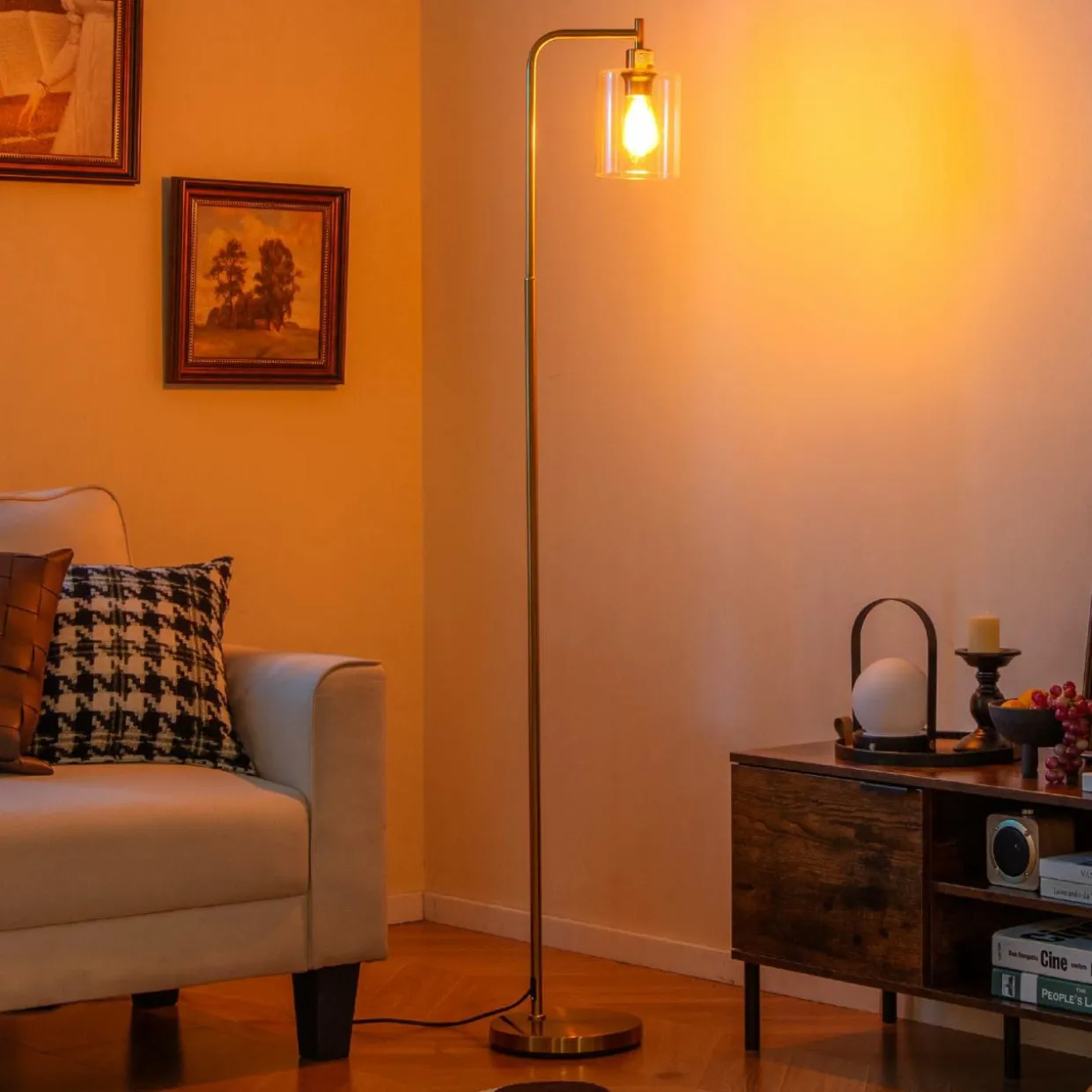 Tangkula Industrial Floor Lamp, Modern Standing Lamp with Hanging Glass Lampshade & Foot Switch