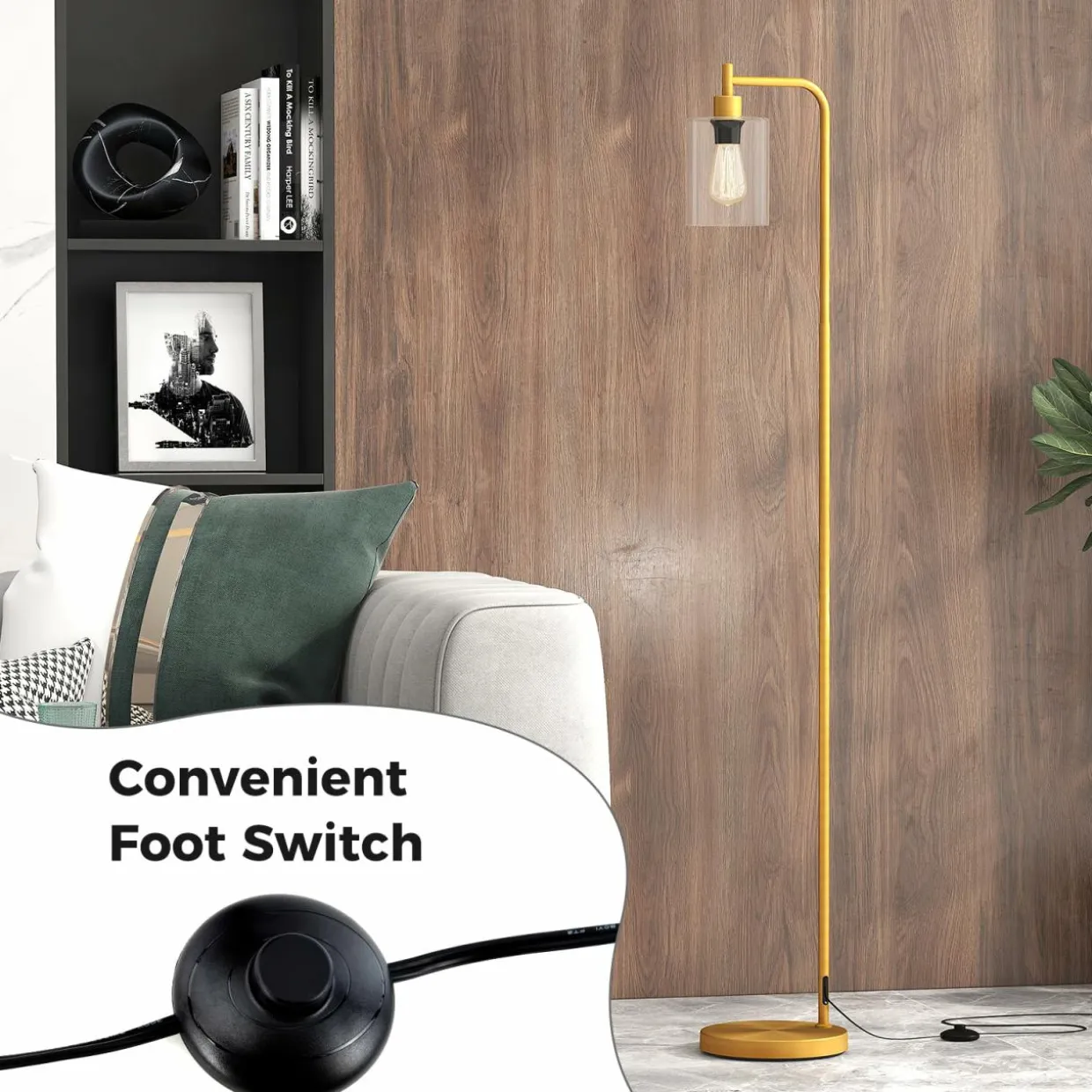 Tangkula Industrial Floor Lamp, Modern Standing Lamp with Hanging Glass Lampshade & Foot Switch