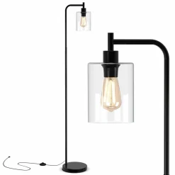 Tangkula Industrial Floor Lamp, Modern Standing Lamp with Hanging Glass Lampshade & Foot Switch