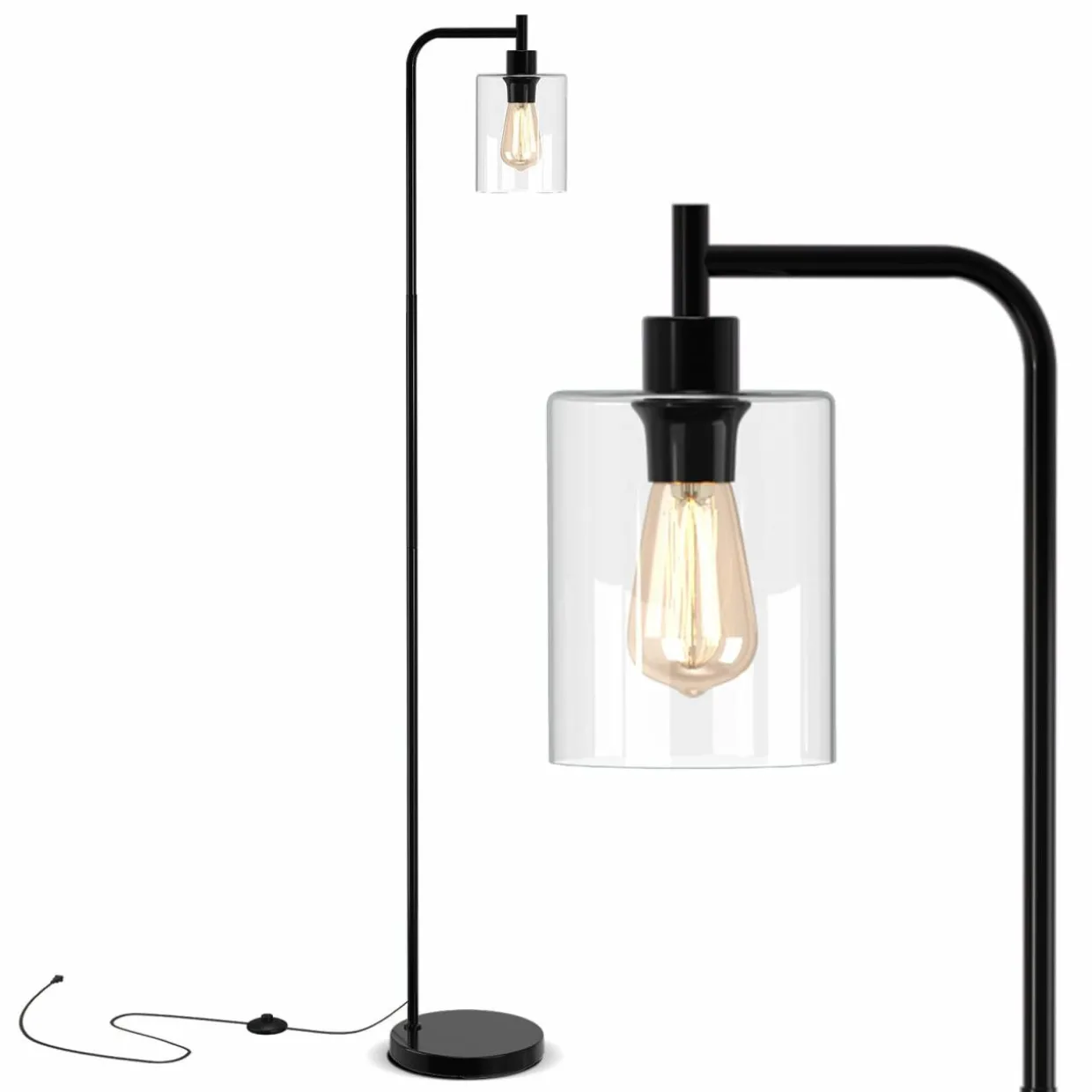 Tangkula Industrial Floor Lamp, Modern Standing Lamp with Hanging Glass Lampshade & Foot Switch