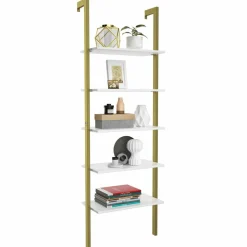 Tangkula Industrial Ladder Shelf Against The Wall, 5-Tier Wall Mount Ladder Bookshelf with Metal Frame
