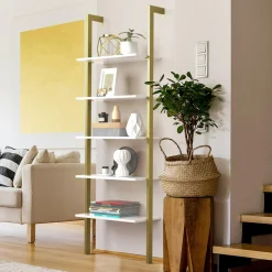 Tangkula Industrial Ladder Shelf Against The Wall, 5-Tier Wall Mount Ladder Bookshelf with Metal Frame