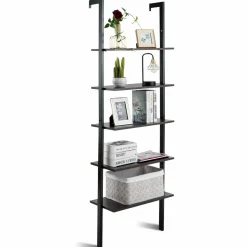 Tangkula Industrial Ladder Shelf Against The Wall, 5-Tier Wall Mount Ladder Bookshelf with Metal Frame