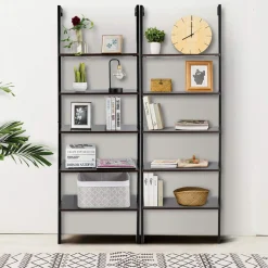 Tangkula Industrial Ladder Shelf Against The Wall, 5-Tier Wall Mount Ladder Bookshelf with Metal Frame