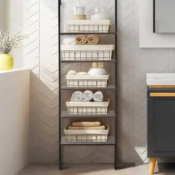 Tangkula Industrial Ladder Shelf Against The Wall, 5-Tier Wall Mount Ladder Bookshelf with Metal Frame