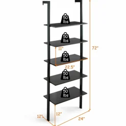 Tangkula Industrial Ladder Shelf Against The Wall, 5-Tier Wall Mount Ladder Bookshelf with Metal Frame